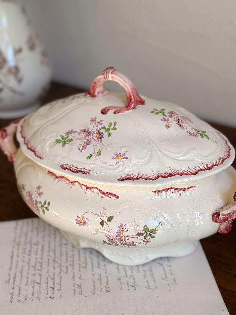 フランスアンティークチェリー柄鮮やかなブルーグリーンのキャセロール