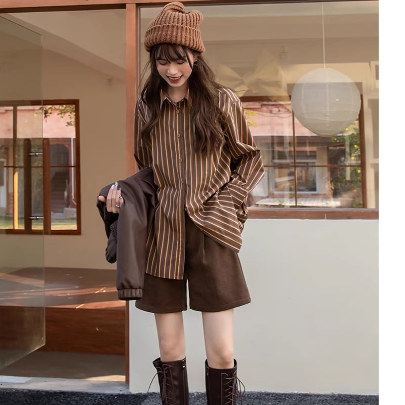 レディース ストライプ シャツ 長袖 レトロ S M 茶 ブラウン AS10670