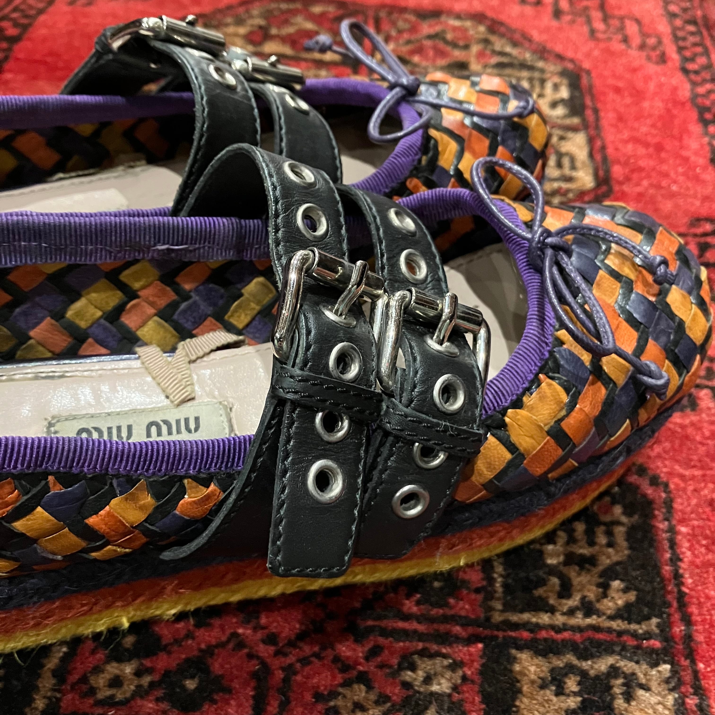 MIU MIU MESH LEATHER DOUBLE STRAP LEATHER WEDGE SOLE SHOES/ミュウ