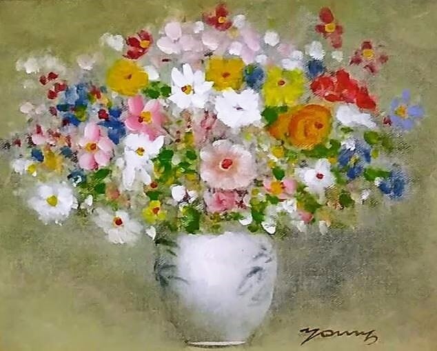 Y・ヤング「花4」油彩画 額縁外寸43.5x38.5x4.0㎝ 絵27.3x22.0㎝張