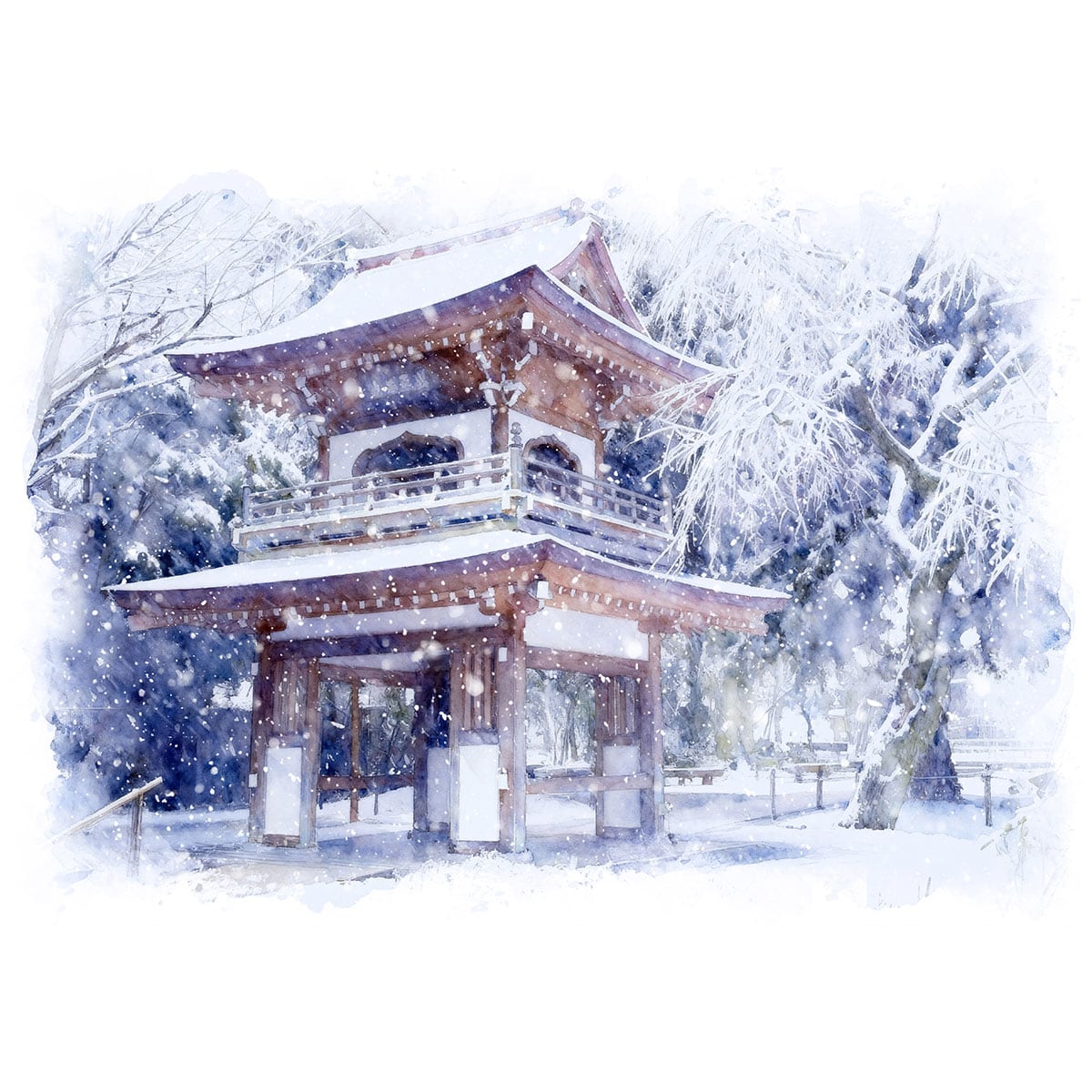 絵画 日本 神奈川県鎌倉市 冬 雪の浄智寺 風景画 インテリアアート額