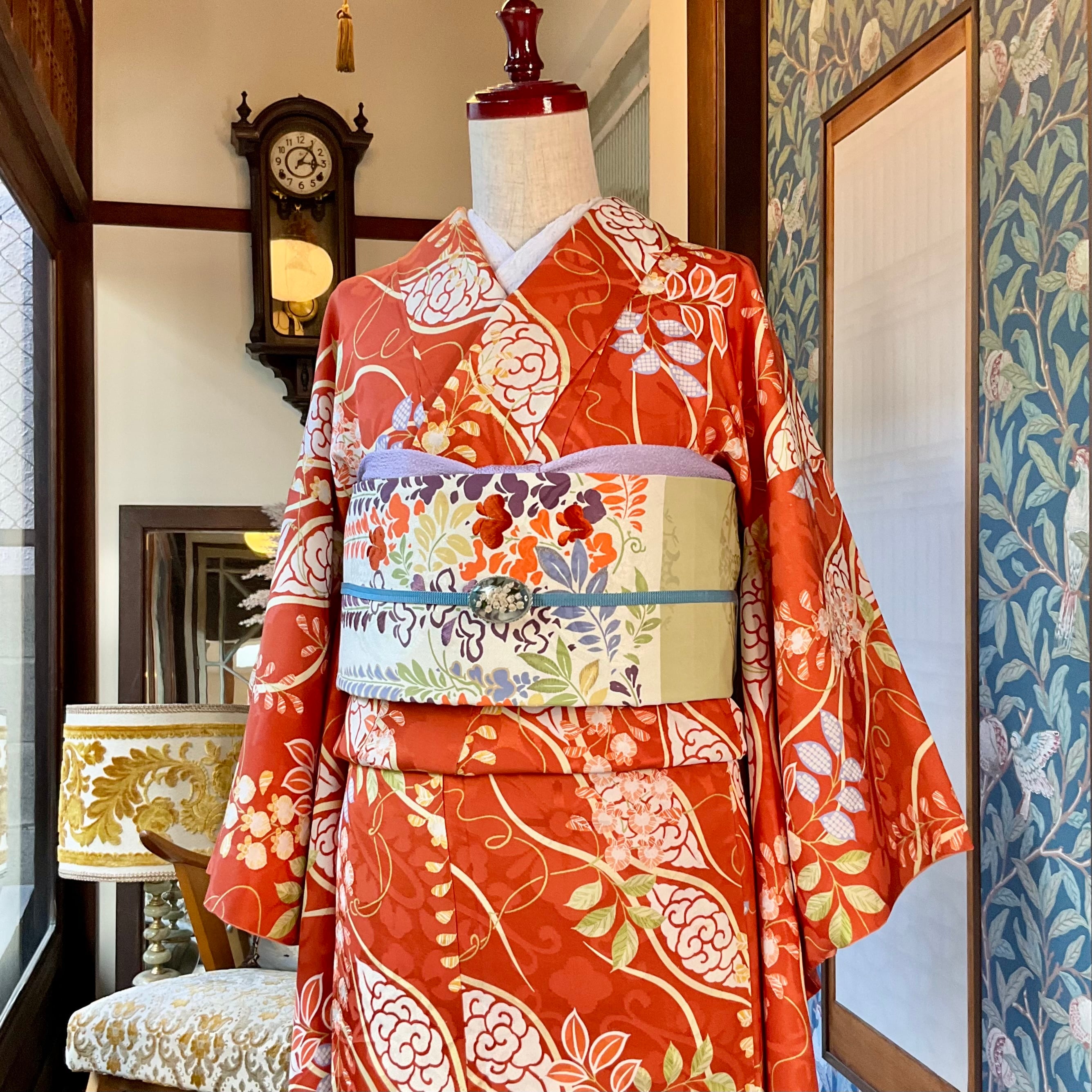 黄昏時の藤棚＊オレンジ 橙 立涌 たてわく 春 花 アンティーク小紋着物