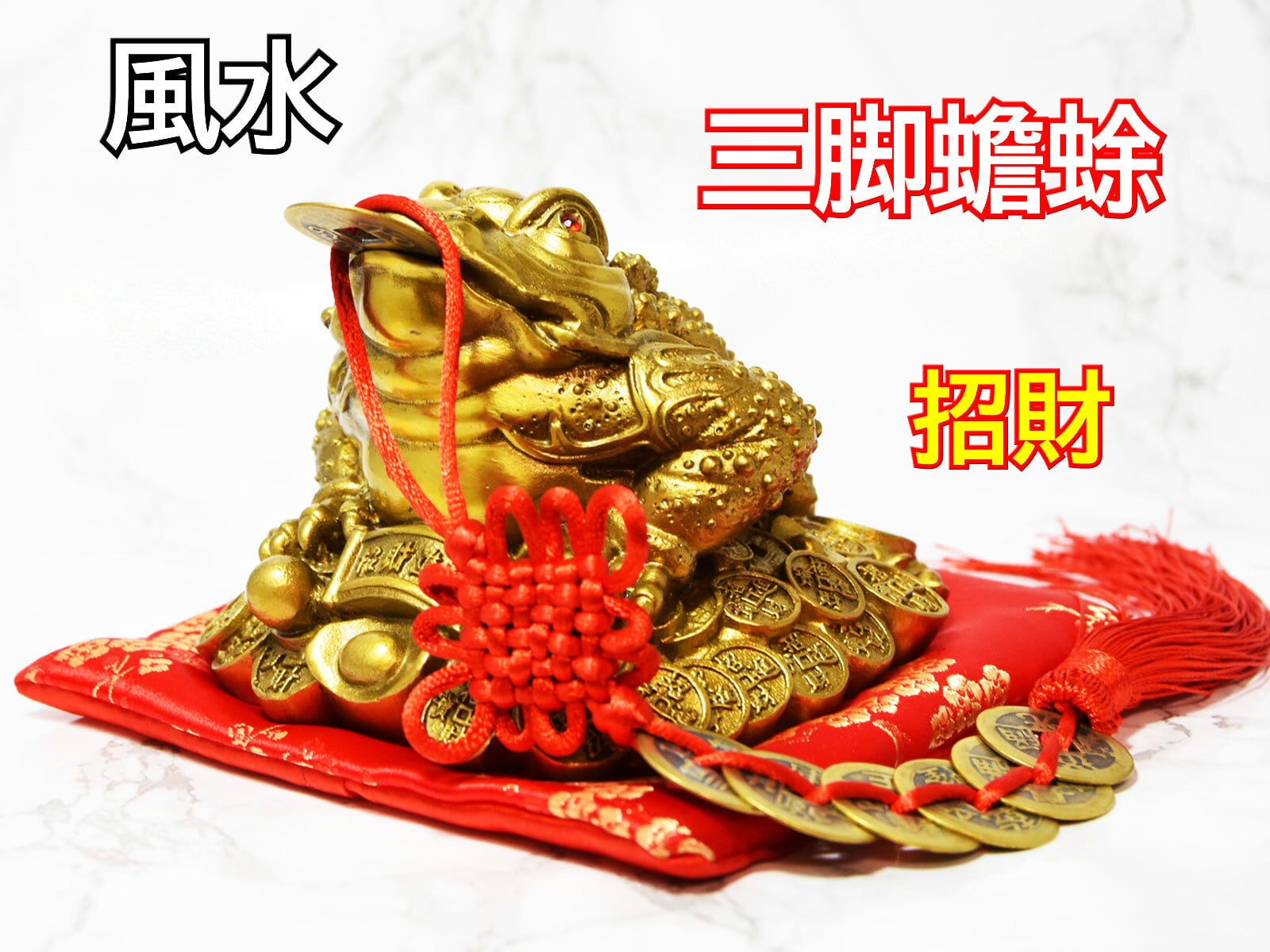 三脚蛙 置物 黄銅製 六帝銭 三本脚 カエル 風水 三脚蟾蜍 赤座布団付