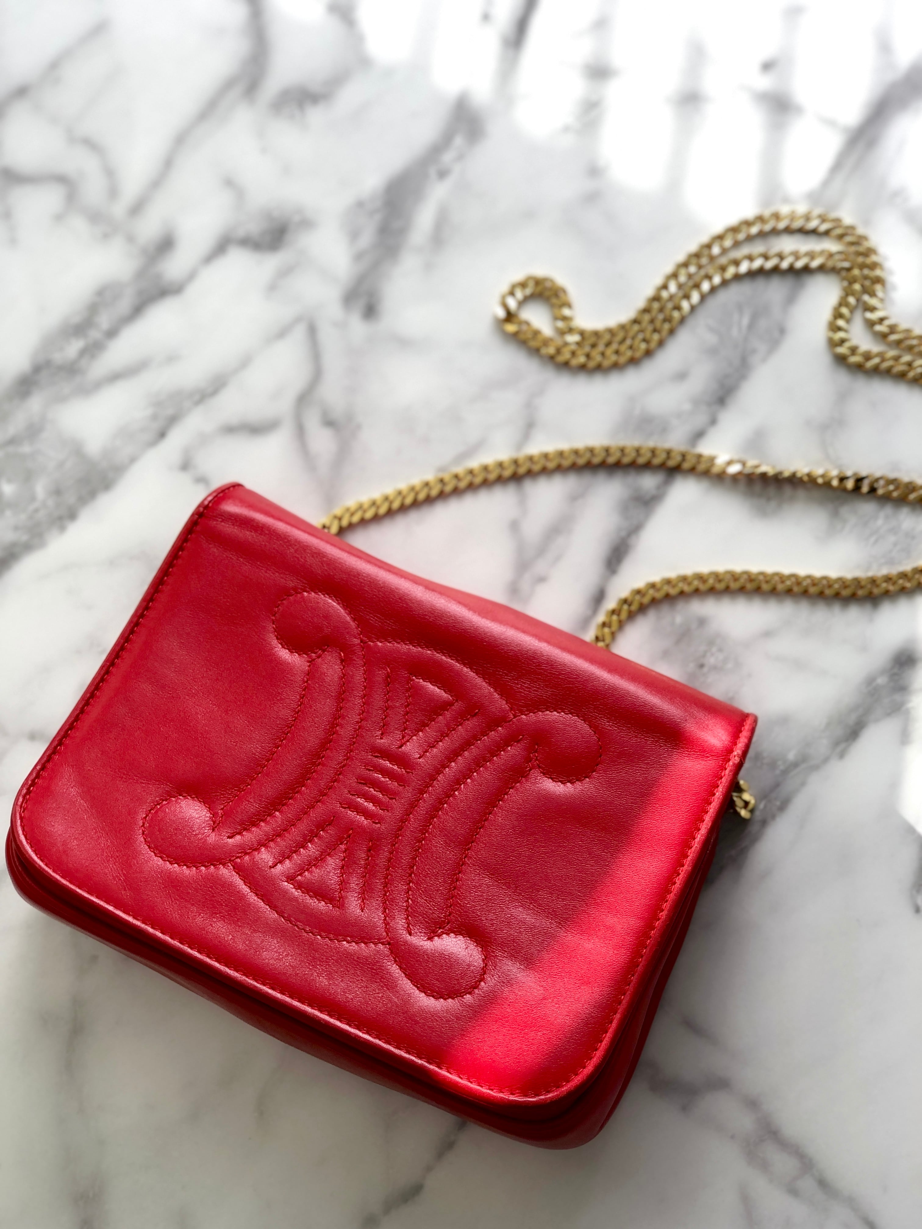 CELINE セリーヌ ショルダーバッグ レッド トリオンフ ステッチ レザー