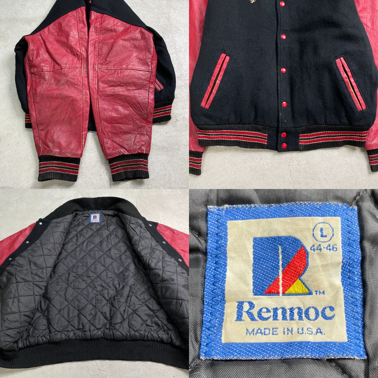 80年代 RENNOC ウールスタジャン 袖レザー メンズL 古着 80s