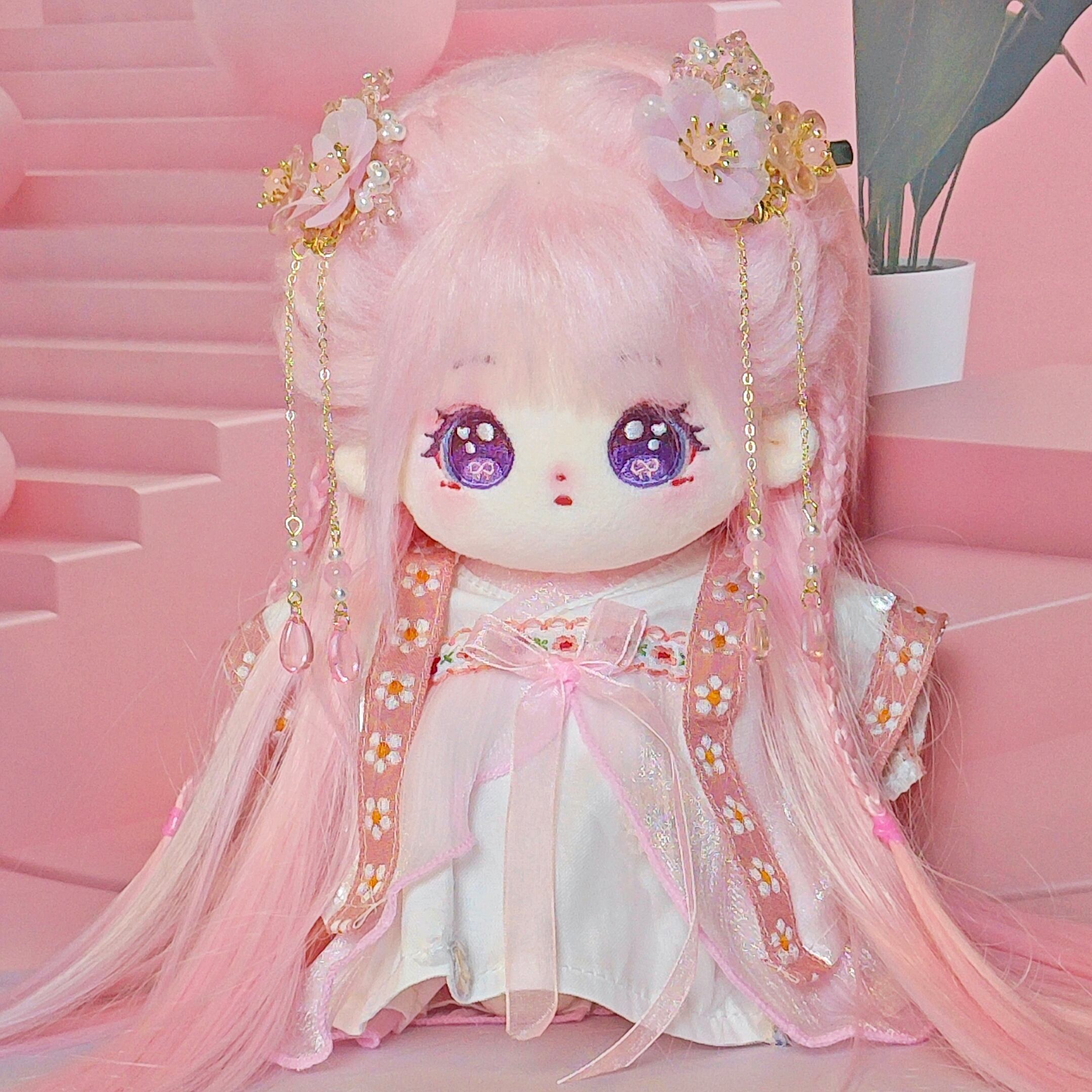 20cm 着せ替えぬいぐるみ 無属性 ピンクの長い髪紫の目女の子 着せ替え