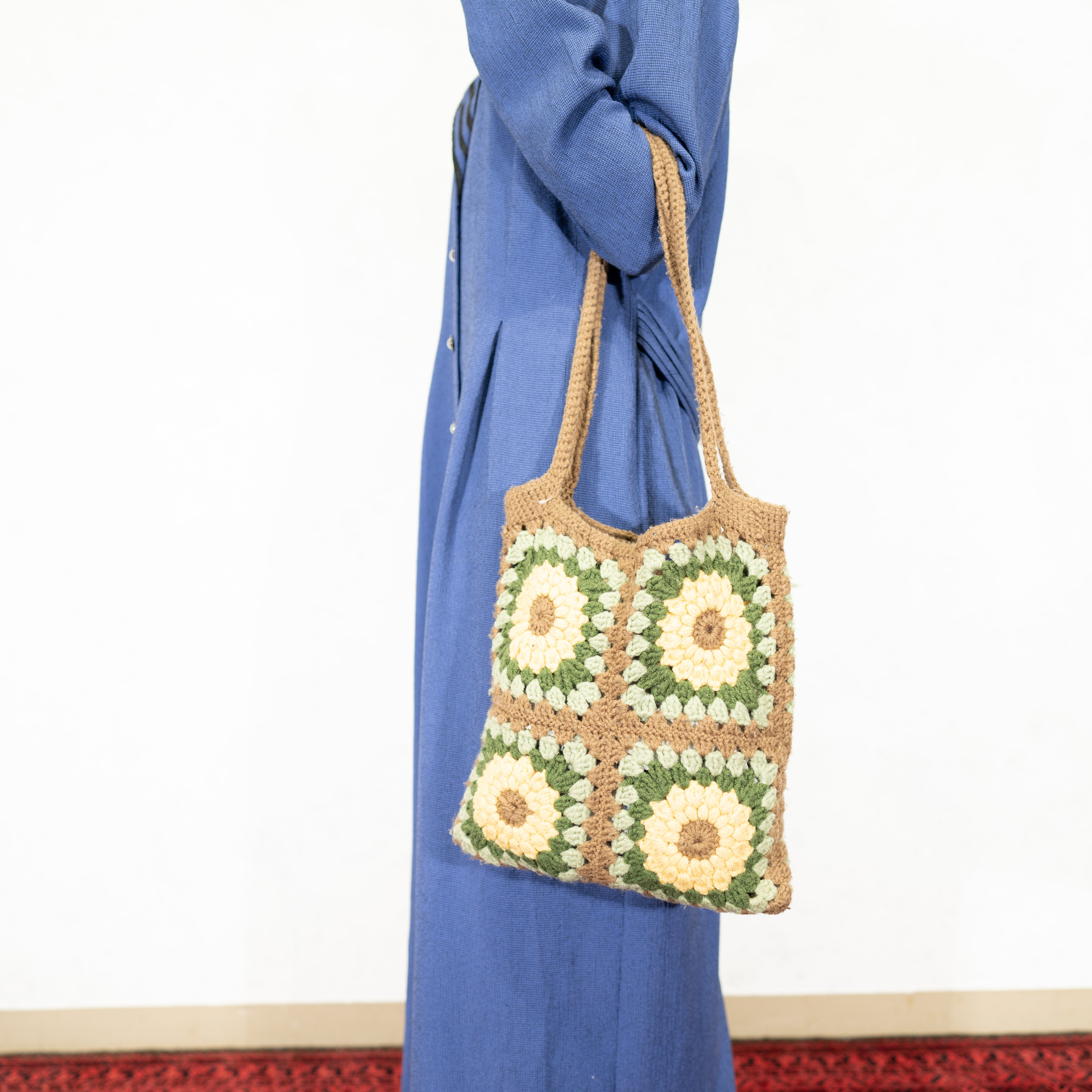 60's～70's USA VINTAGE CROCHET DESIGN GRANNY KNIT TOTE BAG/60年代