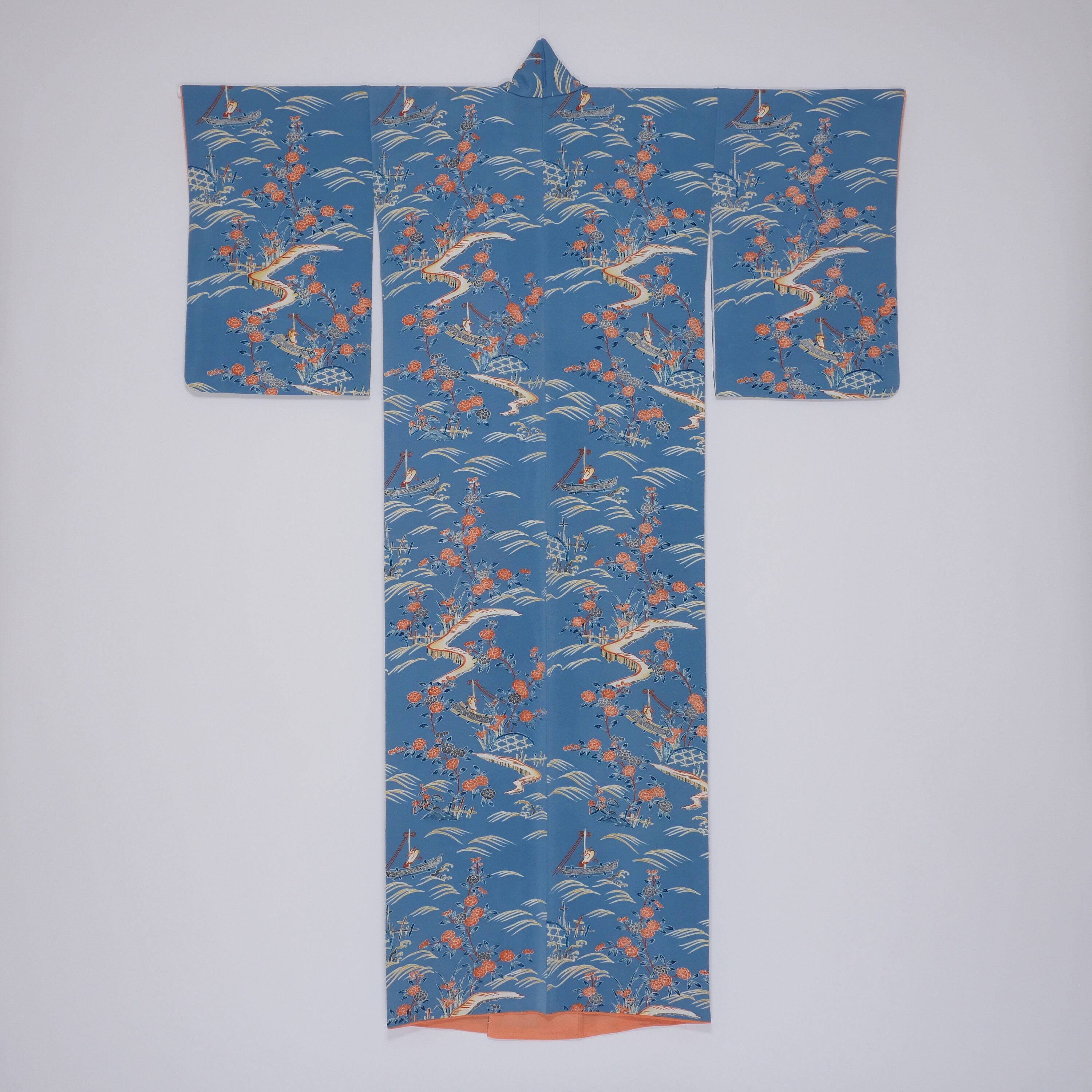 ヴィンテージ 着物 付け下げ小紋 青 正絹 ちりめん 型染め | Tokyo