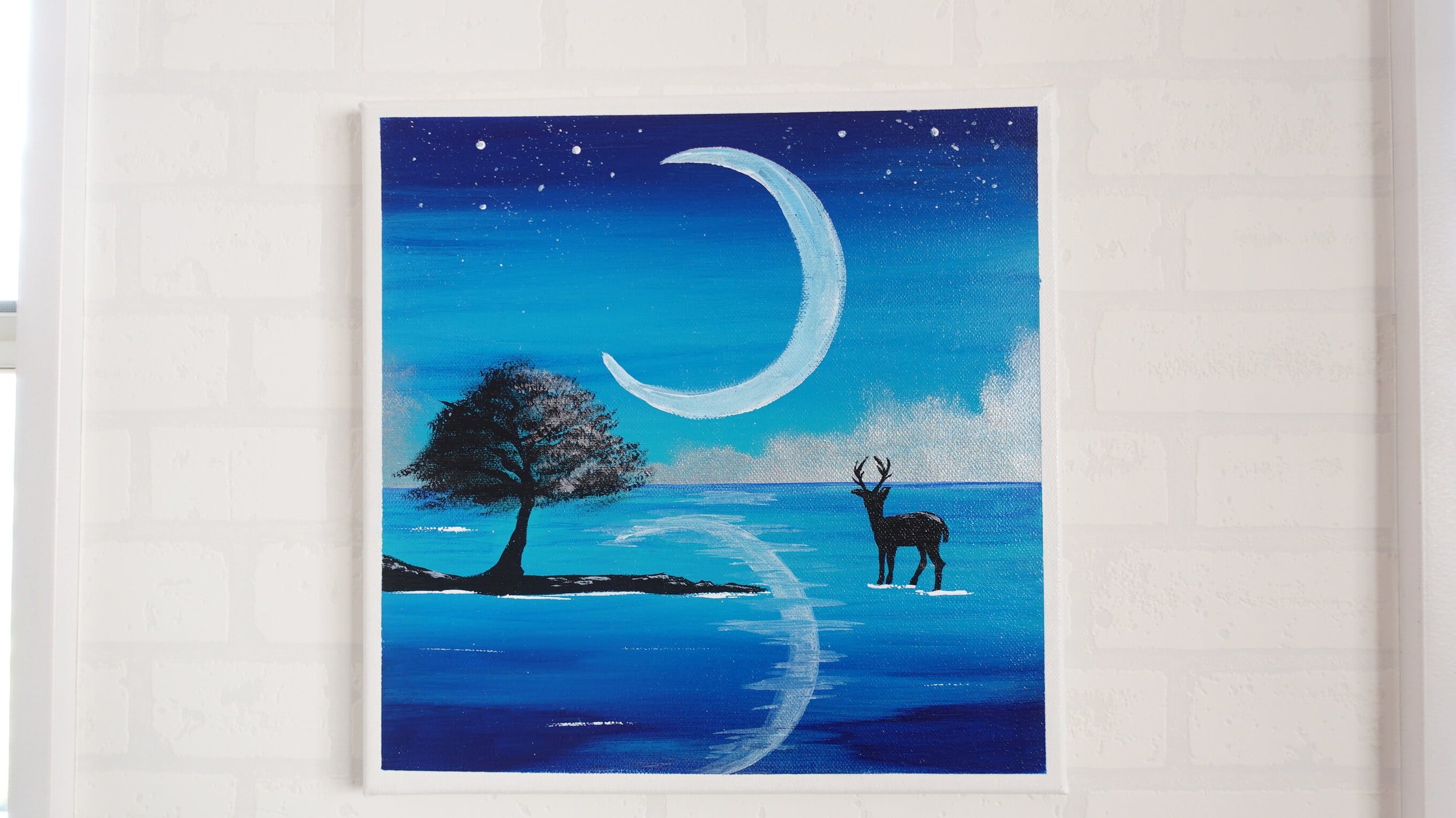 幻想の世界・鹿と三日月【アクリル画】原画・イラスト・幻想的 30×30