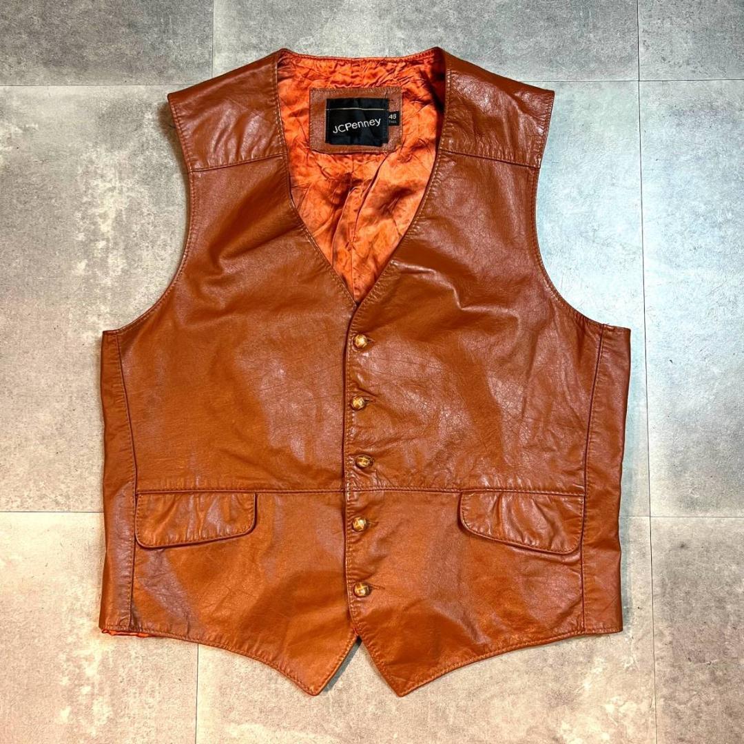 70s-80s J.C.PENNEY レザーベスト ブラウン 46T XL相当 革ベスト