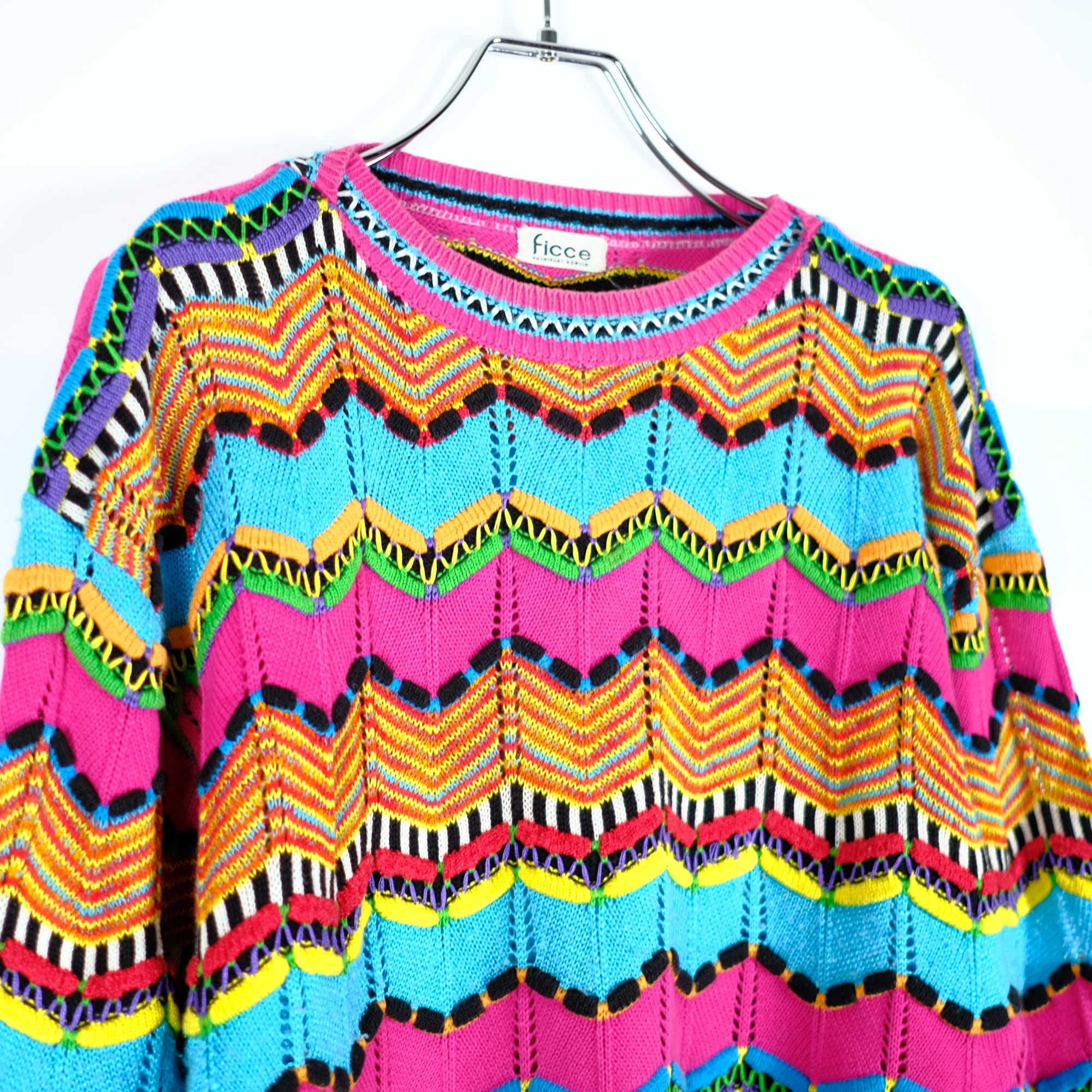 FICCE 1980s 総柄3Dニットセーター アート フィッチェ 古着屋 | vintageano