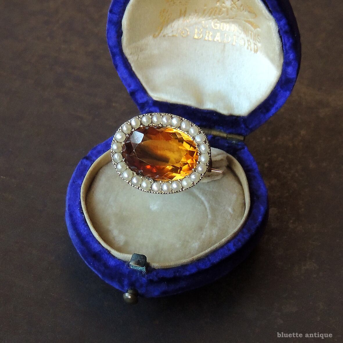 アンティークジュエリー 9ctゴールド 天然シトリン 真珠 レースピン