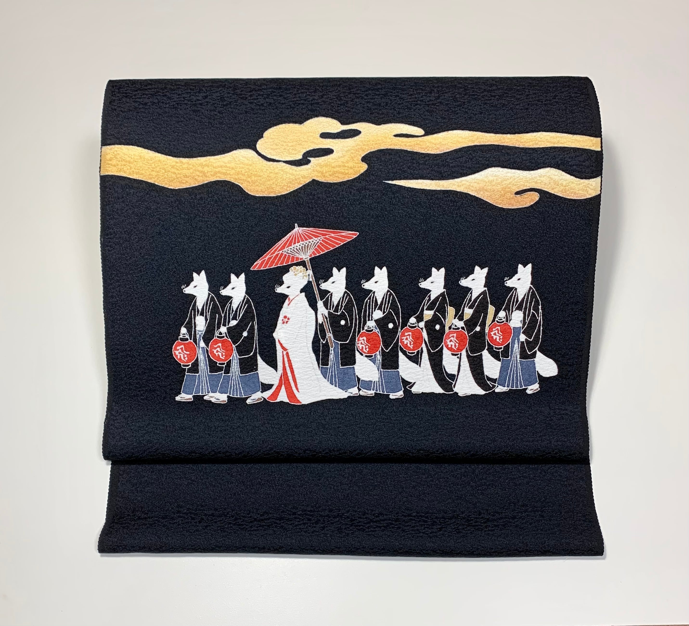 名古屋帯「狐の嫁入り」黒 | 染工房ユキヤオンラインショップ