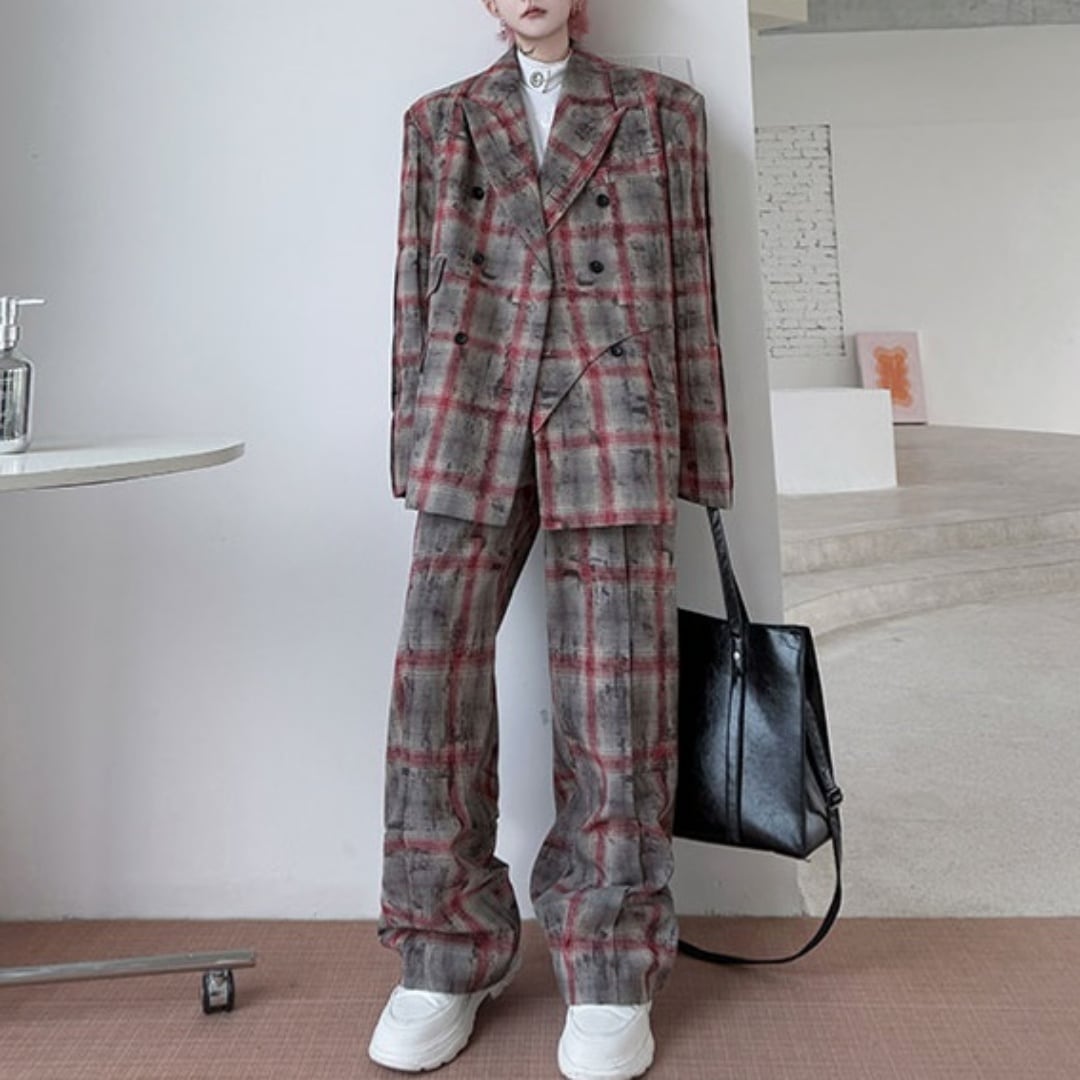 レトロチェック柄 ダブルブレストスーツ セットアップ 2カラー D11392