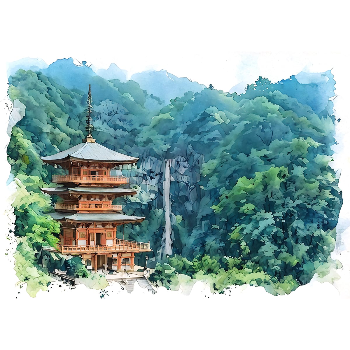 絵画 日本 和歌山県 朱色に染まる三重塔と那智の滝 風景画 インテリア
