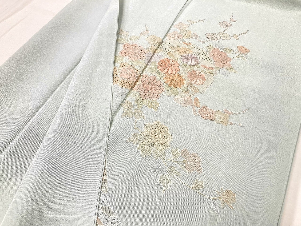 汕頭 蘇州 相良 総刺繍 未使用 雪輪 花柄 訪問着 正絹 黄緑 青緑 1010