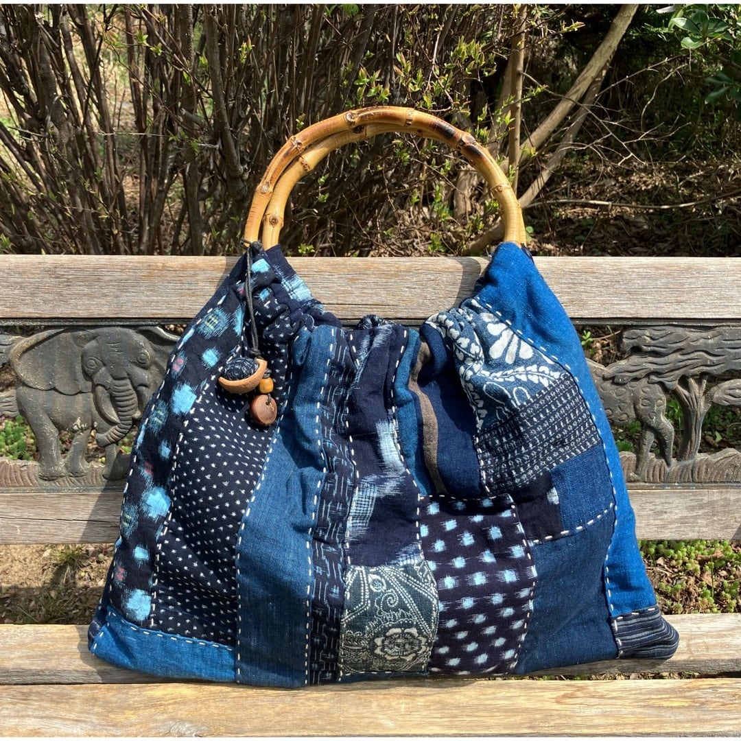 古布型染と酒袋のショルダーバッグ ハンドメイド 柿渋染酒袋刺し子