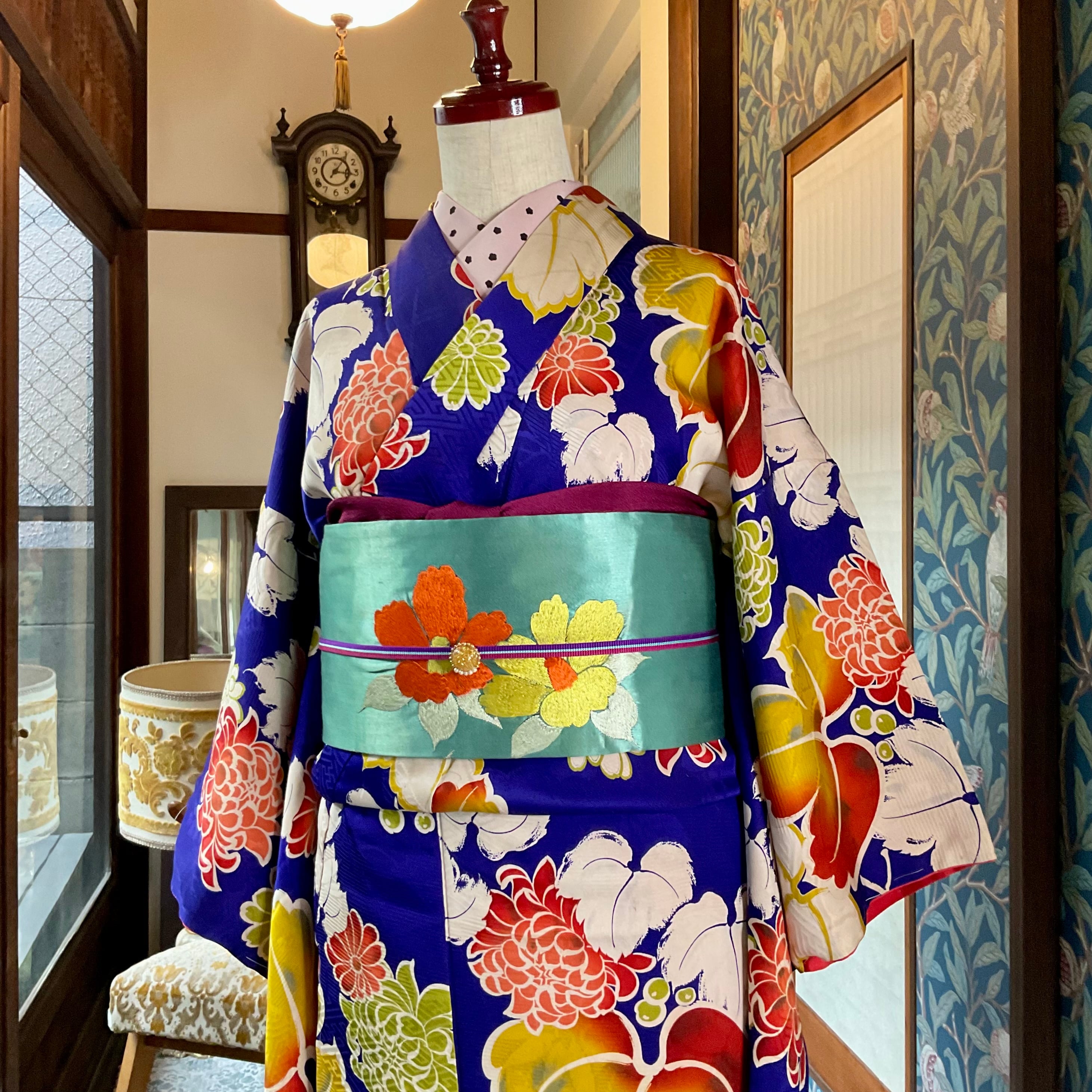 A69愛華 夏着物 二重紗 紺 波模様 刺繍 美品 A129愛華 着物