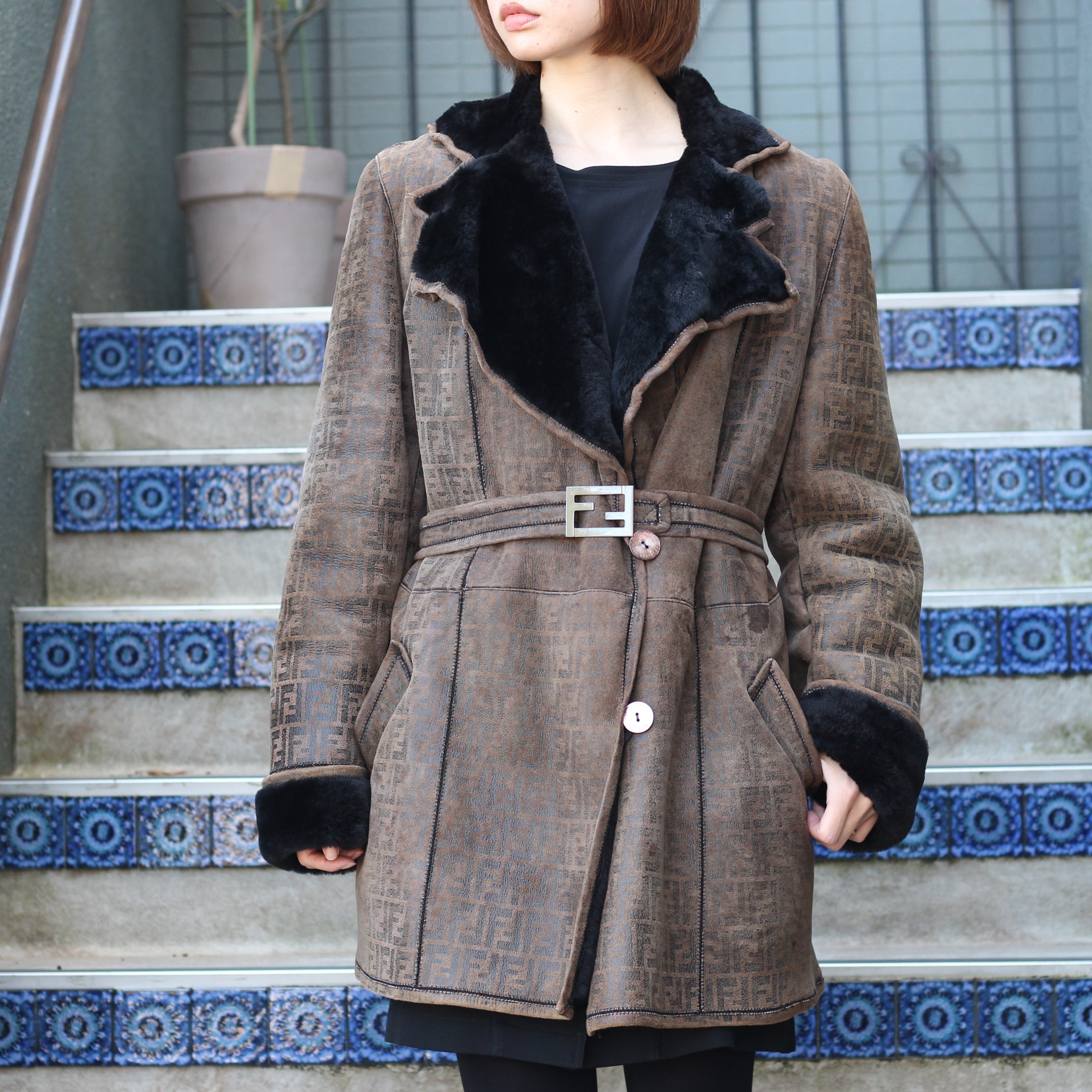 FENDI ZUCCA PATTERNED BELTED MOUTON COAT MADE IN ITALY/フェンディ