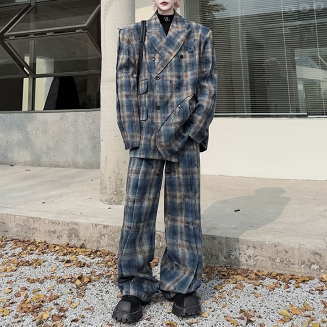 レトロチェック柄 ダブルブレストスーツ セットアップ 2カラー D11392