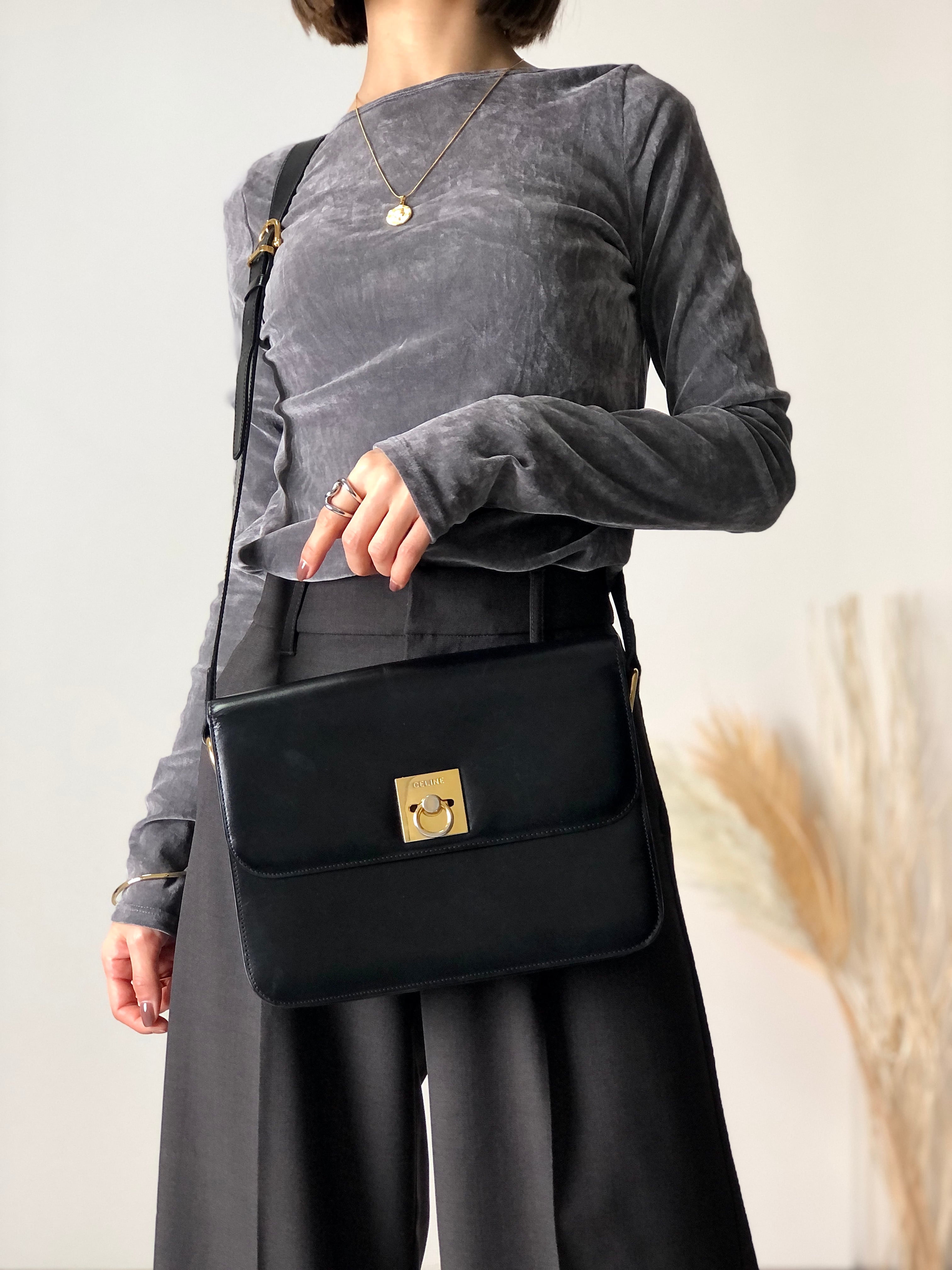 CELINE セリーヌ ガンチーニ レザー ショルダーバッグ ブラック