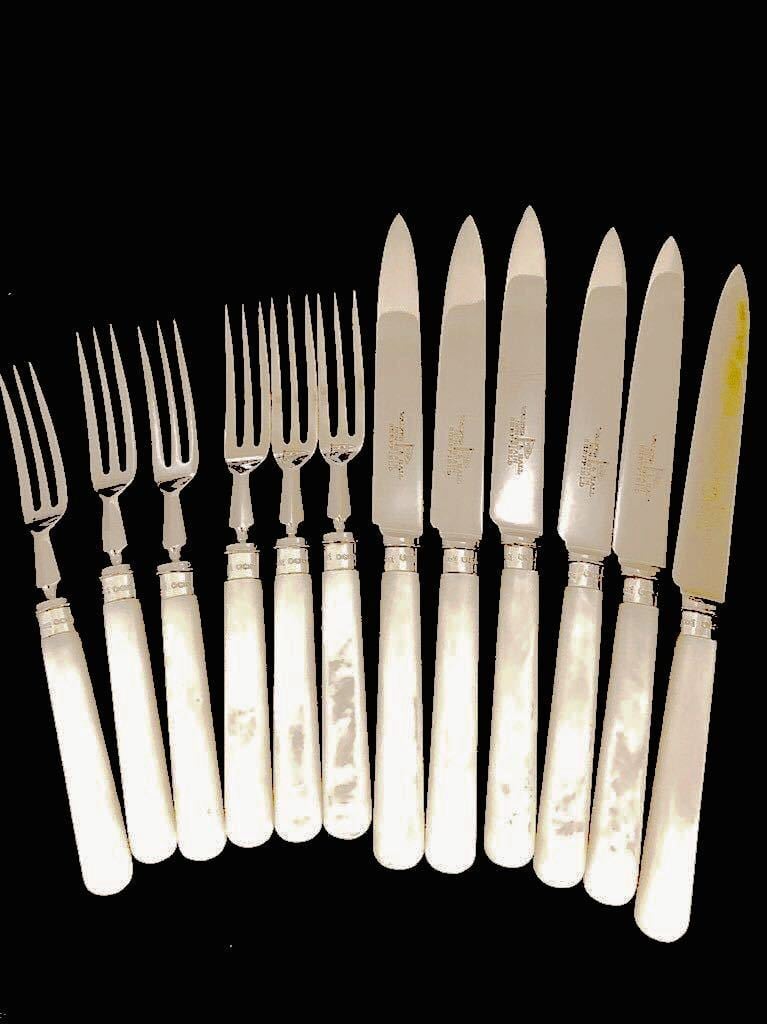 英国アンティーク 白蝶貝 純銀&ステンレス フルーツナイフ&フォーク