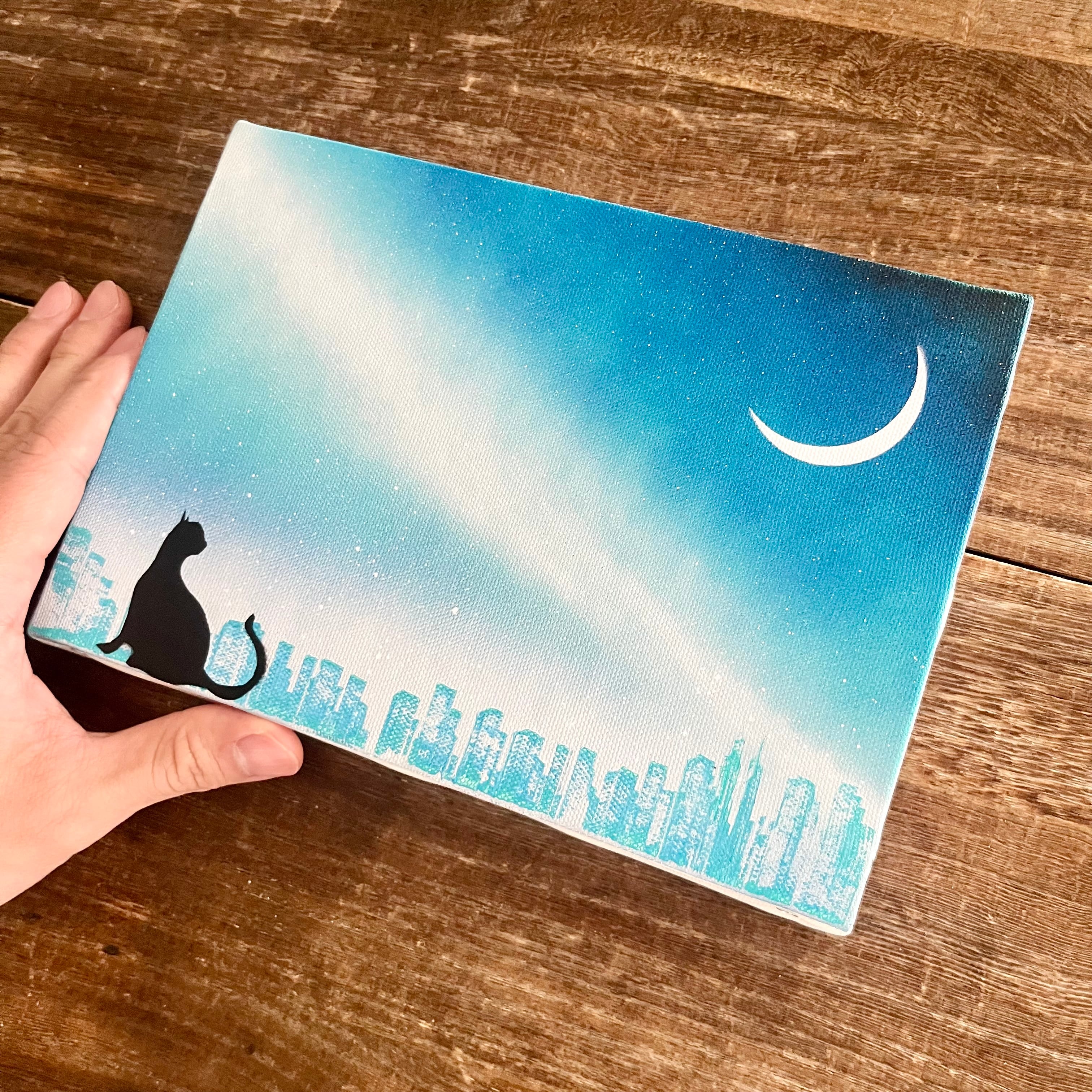 三日月と猫」原画 月夜×星空×黒猫 青 ターコイズ 絵画 キャンバス 風景