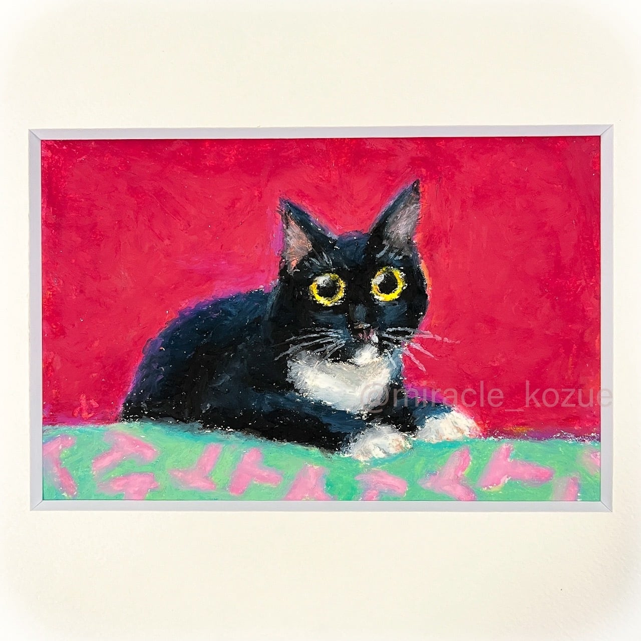 オイルパステル画】『靴下を履いたタキシード猫』 猫の絵 小品 | 絵画