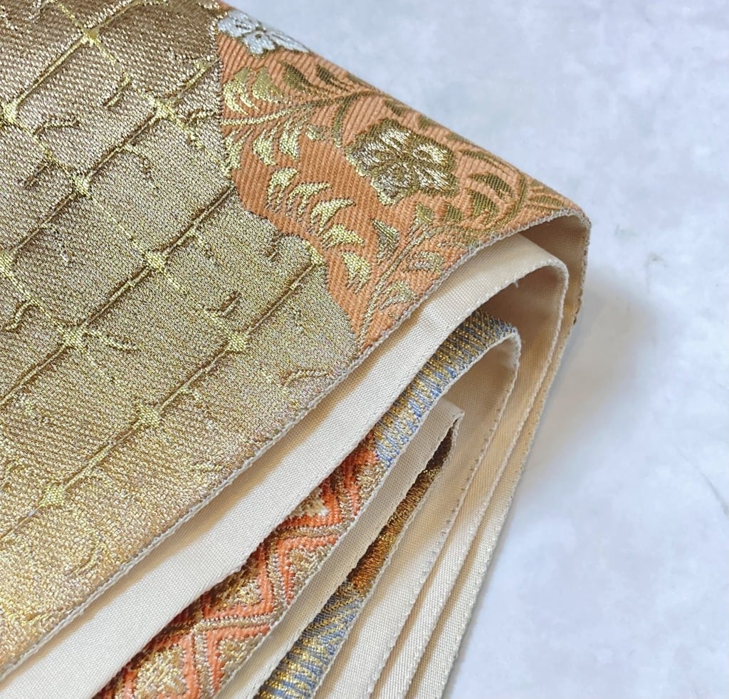 西陣名門 服部織物 桜唐花 正絹 袋帯 西陣織 金糸 オレンジ 黄緑 657