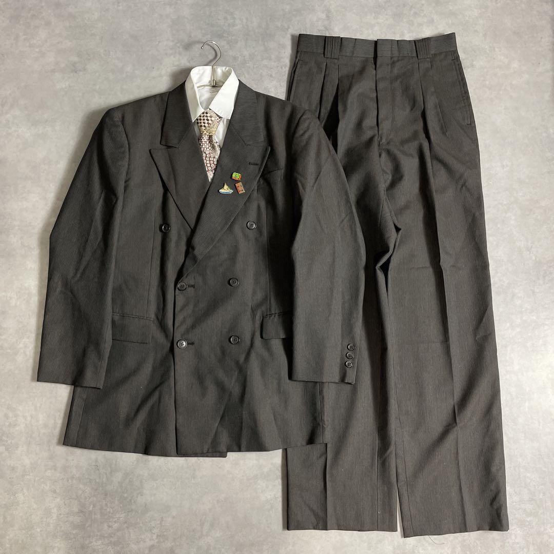 90s ヴィンテージ スーツ ダブル セットアップ ピンズvol.99 茶グレー