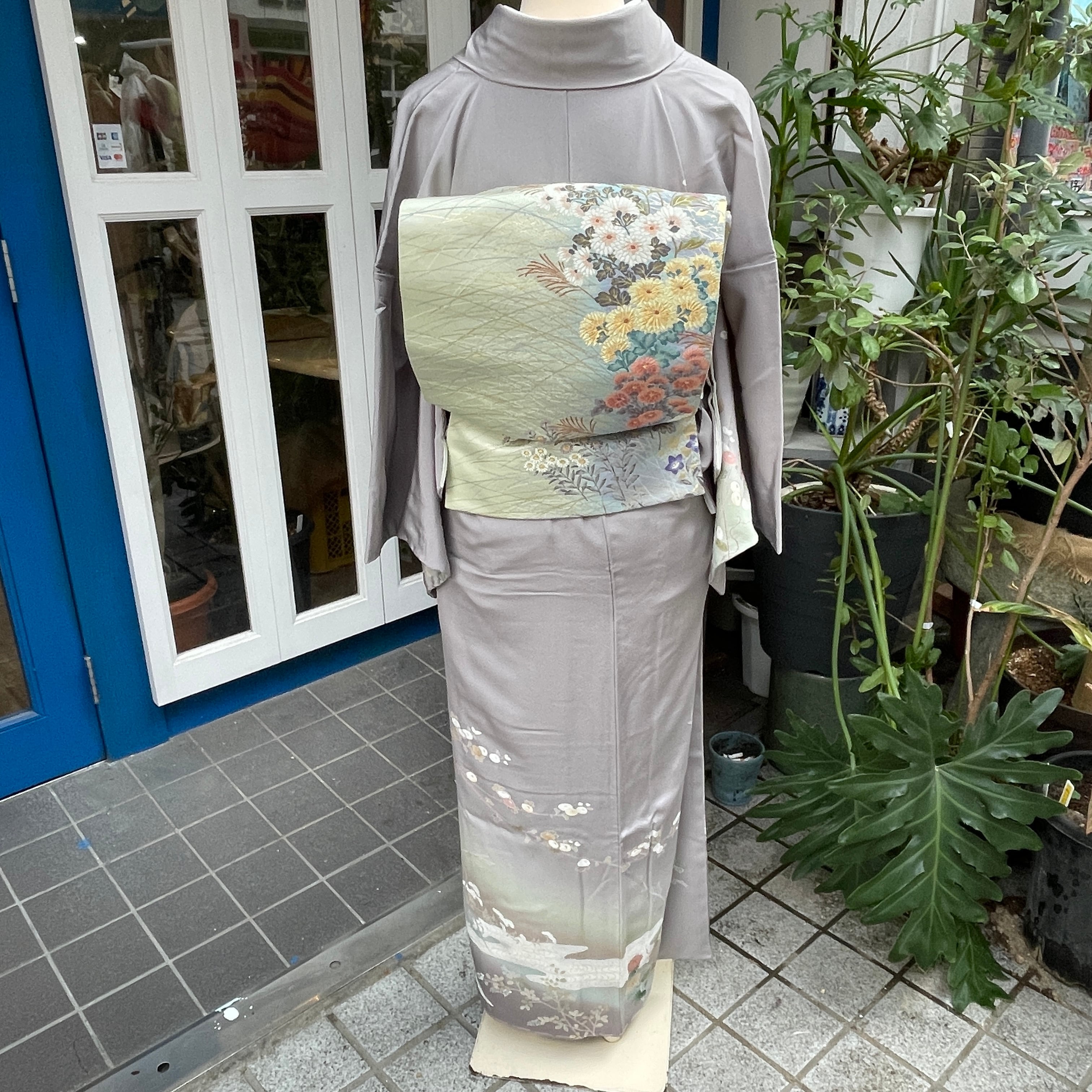 訪問着 グレー系 扇 四季の草花 流水 金駒 新品未使用 ゆったりサイズ