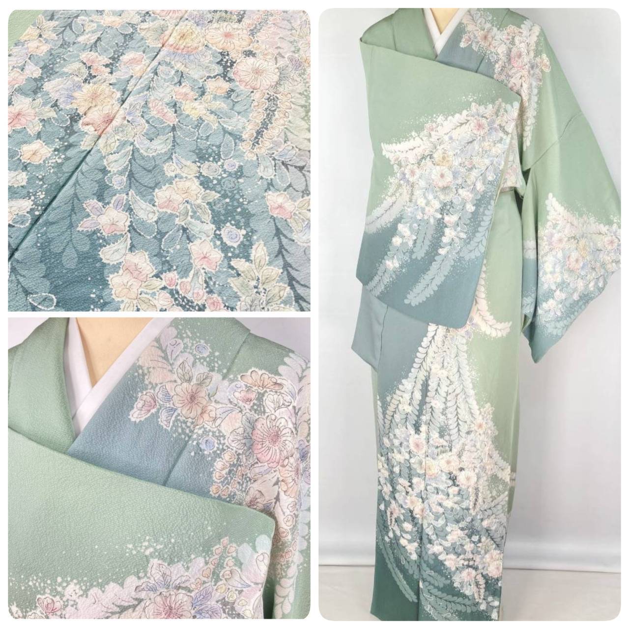 辻が花 絞り 染め分け 訪問着 袷 正絹 黄緑 青緑 パステルカラー 1280