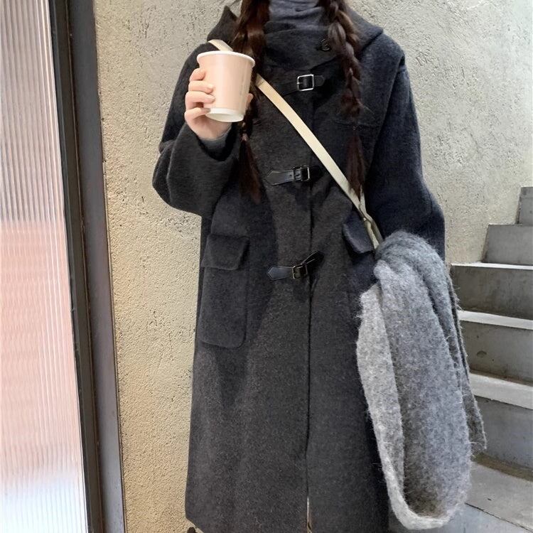 ダッフルコート レディース ダークグレー フード付 ストラップ ロング