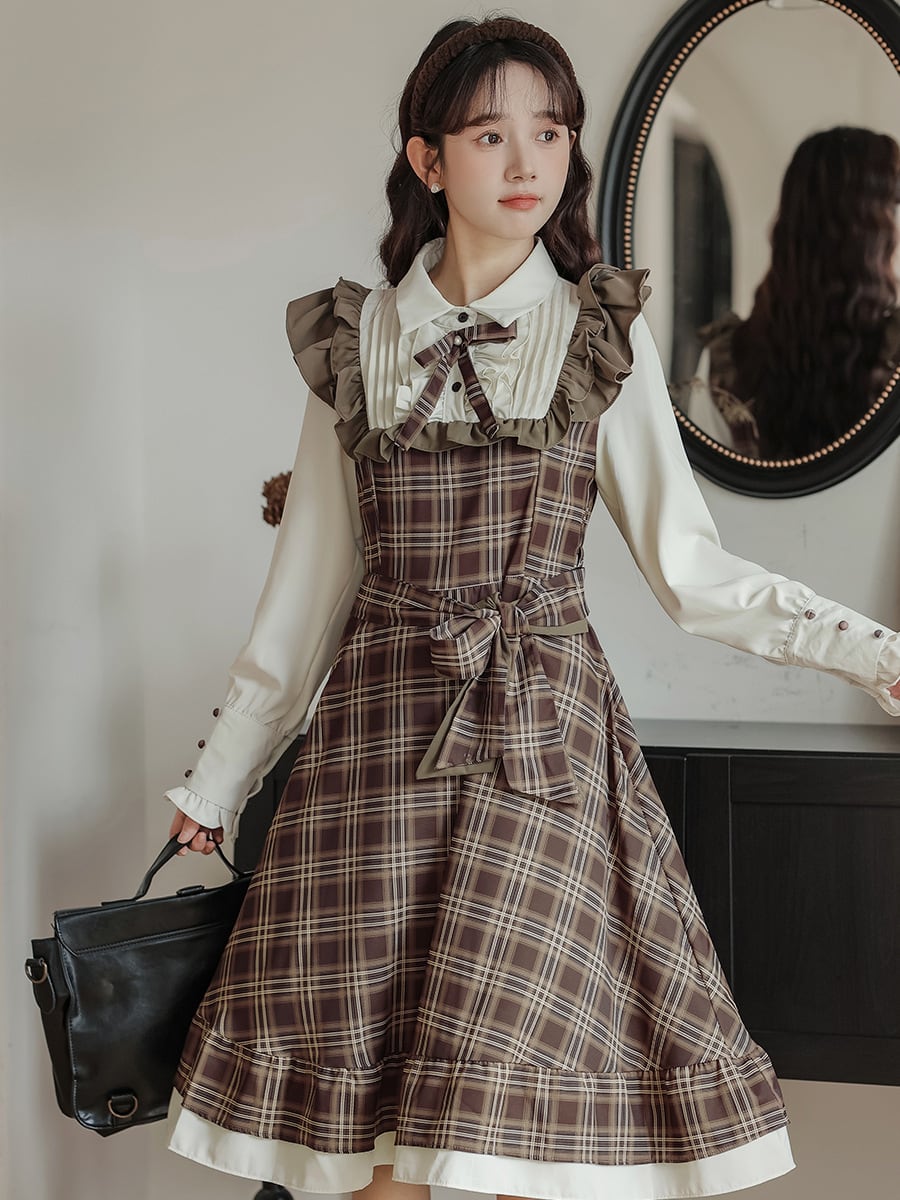 国内発送 d323 】フェイクレイヤード ワンピース ガーリー チェック柄