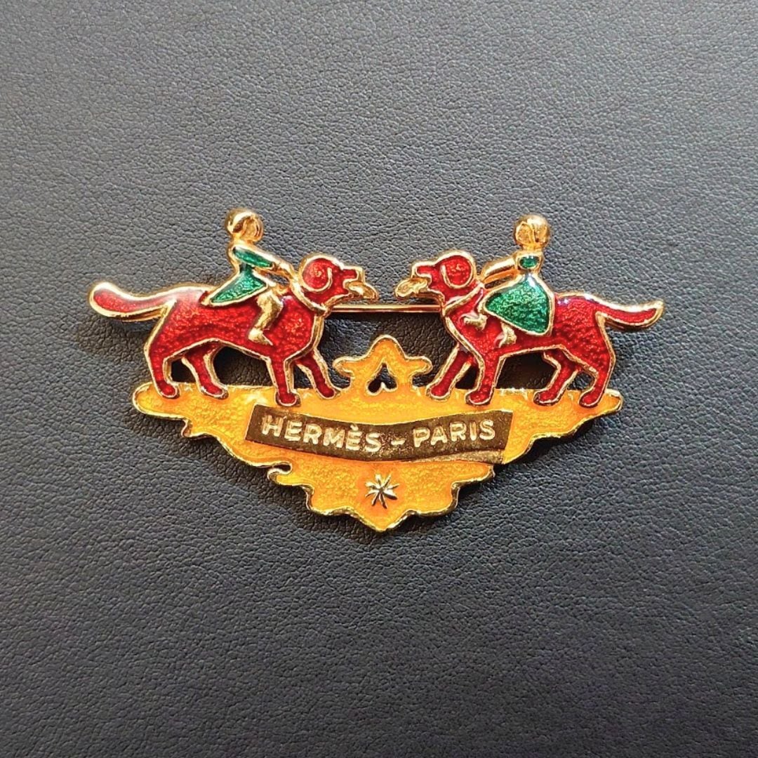 HERMES エルメス 七宝焼 ブローチ 犬と少女 女の子 男の子 犬
