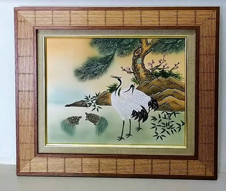 臼井播山「松竹梅鶴亀」日本画F6ボード ガクブチ外寸58.0x49.0x5.0