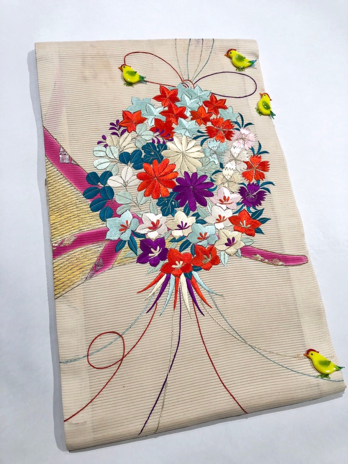 夏帯＊絽＊アイボリーに色鮮やかな花薬玉の刺繍 アンティーク名古屋帯
