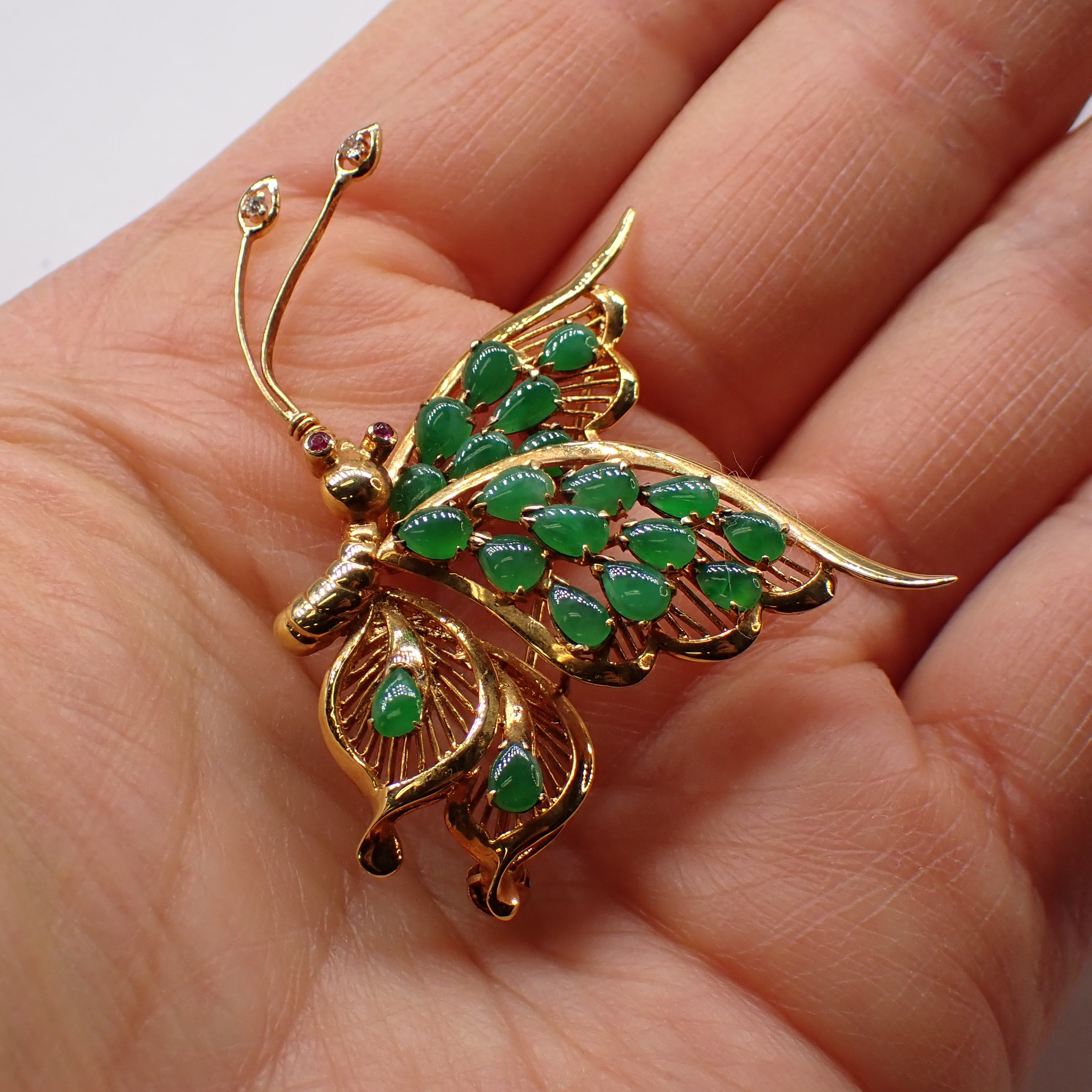 K18 昭和レトロ 蝶ブローチ 翡翠ダイヤルビー(ミニ鑑付) MOBR00035