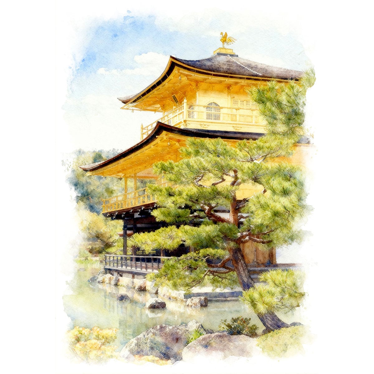 絵画 日本 京都 金閣寺の風景 インテリアアート額付き 水彩画・油絵風