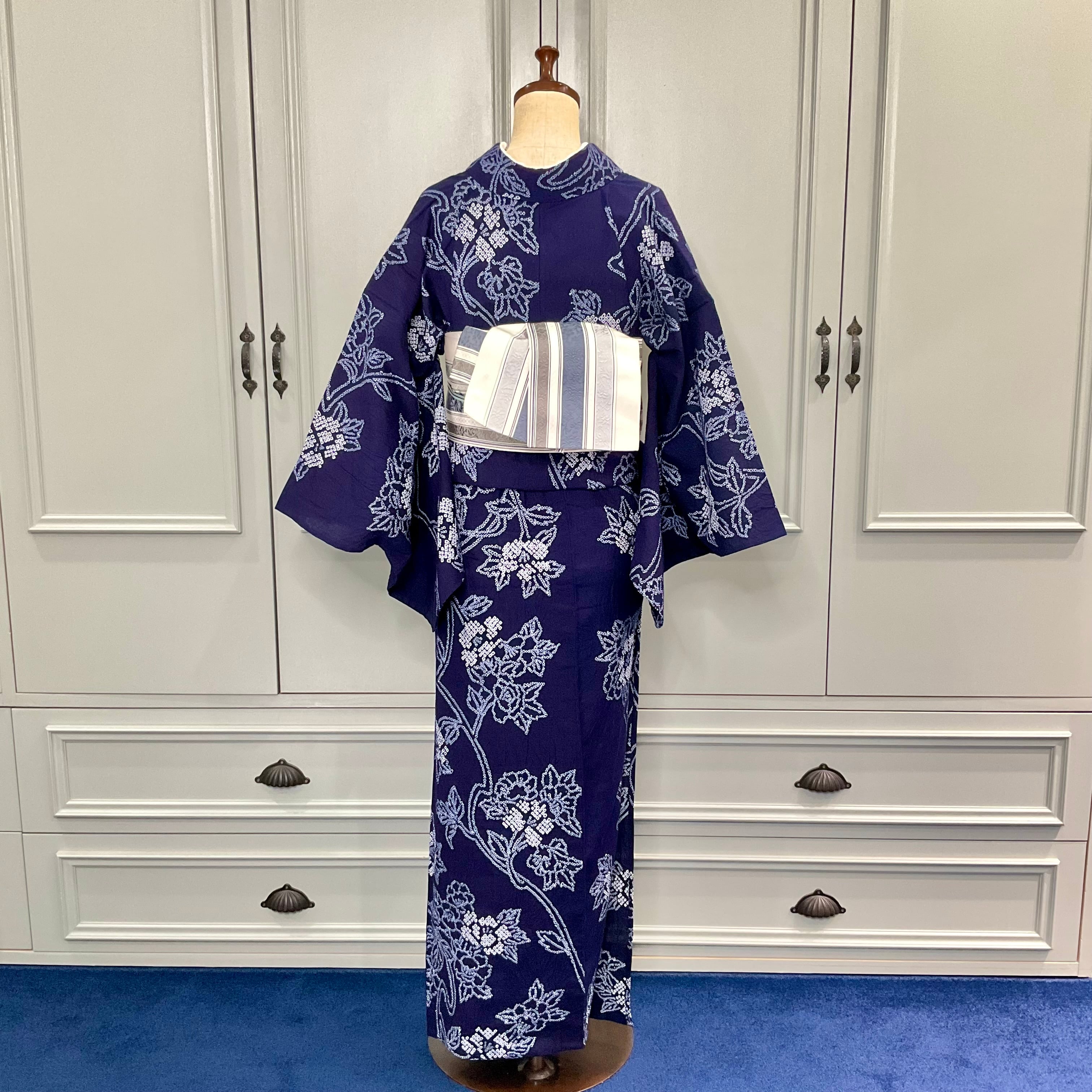 long＊咲きこぼれる花＊有松鳴海絞り浴衣 花 藍色 A698 | kimono tento