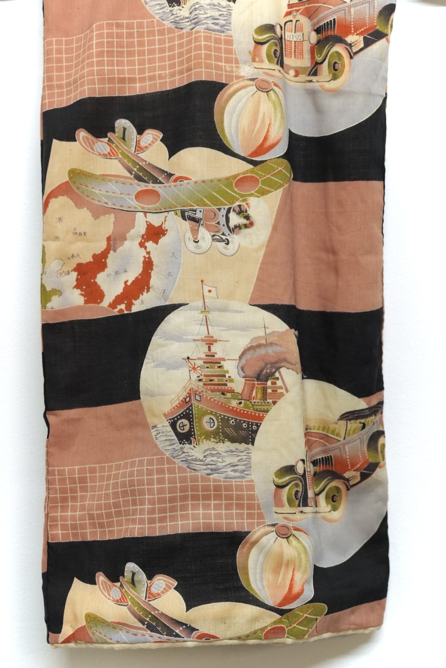 4289 こども着物 戦争柄 満州 戦艦 飛行機 背守り モスリン（ウール