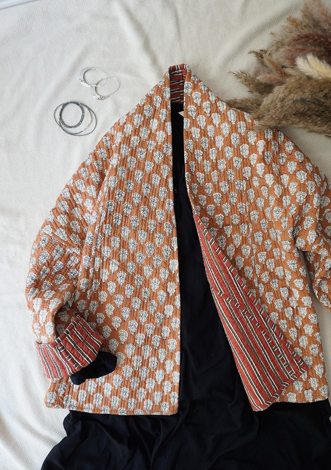 小柄ブロックプリントキルトジャケット茶 | ラリーキルトジャケット