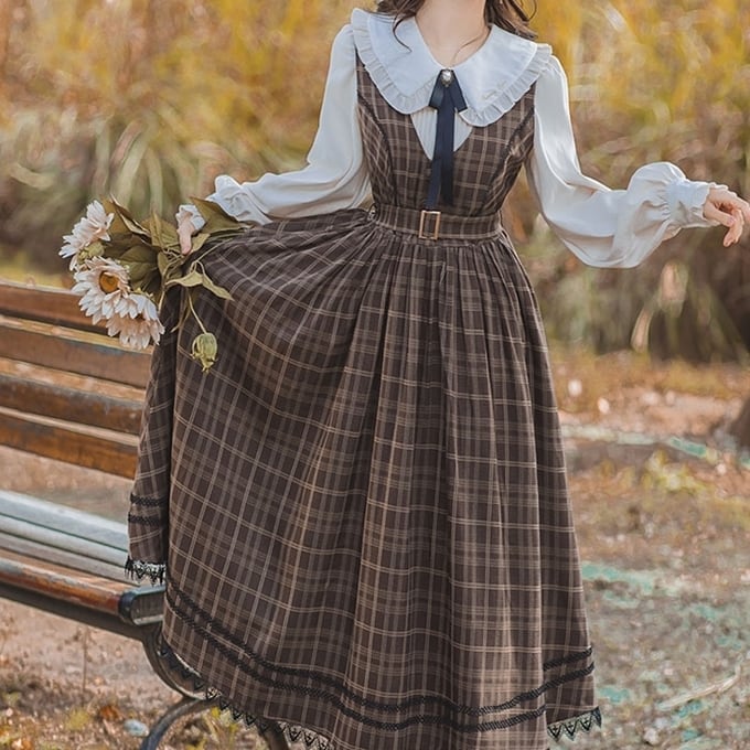 レトロガーリー♡チェック柄フレアロングジャンパースカート A1209