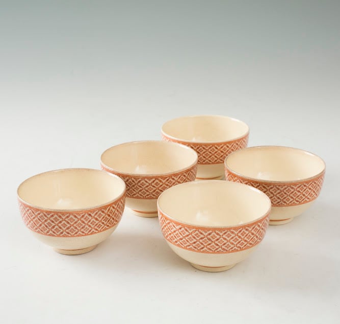 京焼 粟田焼 錦光山 七宝繋文 汲み出し椀 汲出碗 煎茶碗 湯呑 5客組 五