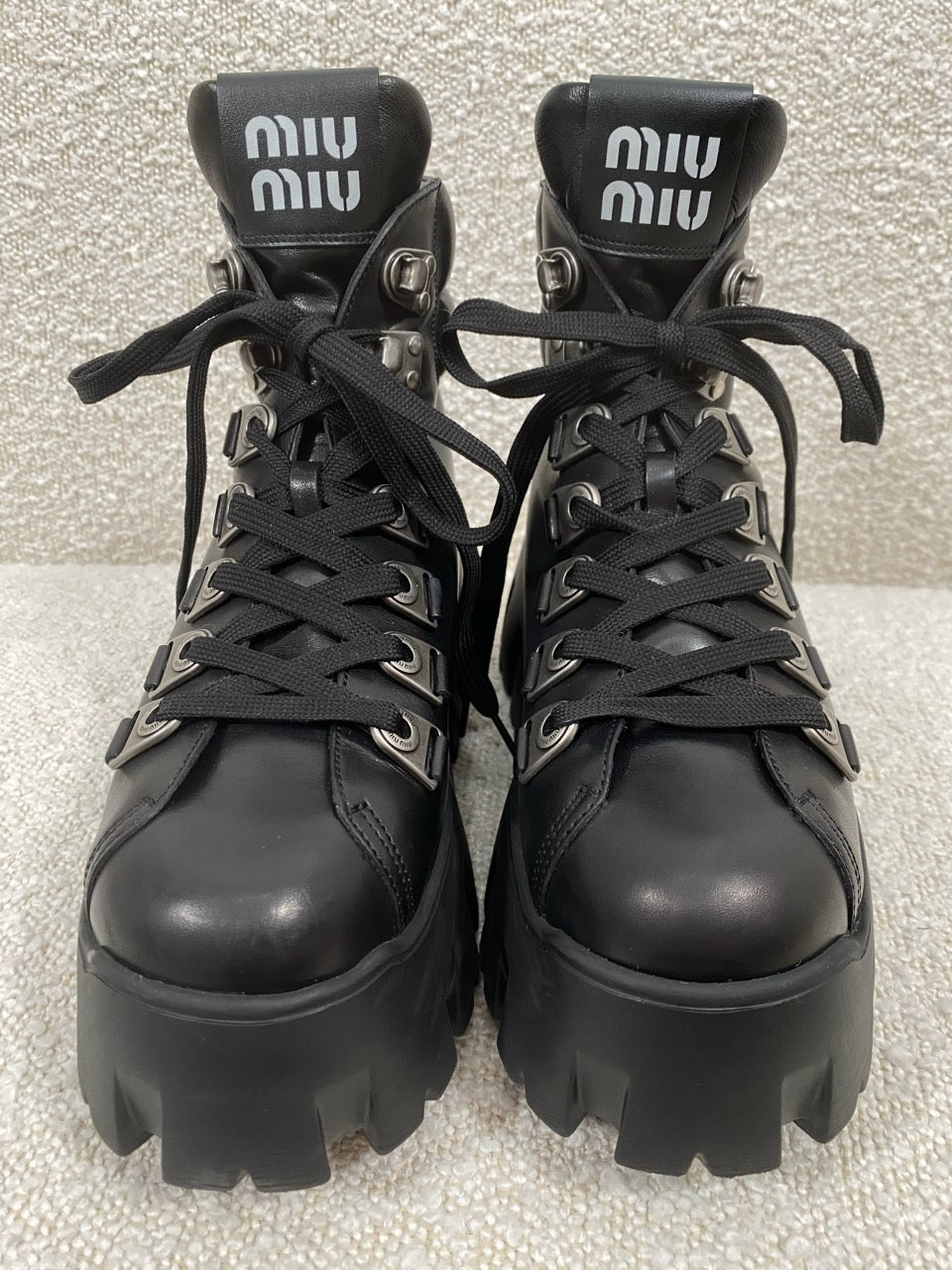 Pre-owned Miu Miu Women's Platform Wedge Hiking Boots Black 37