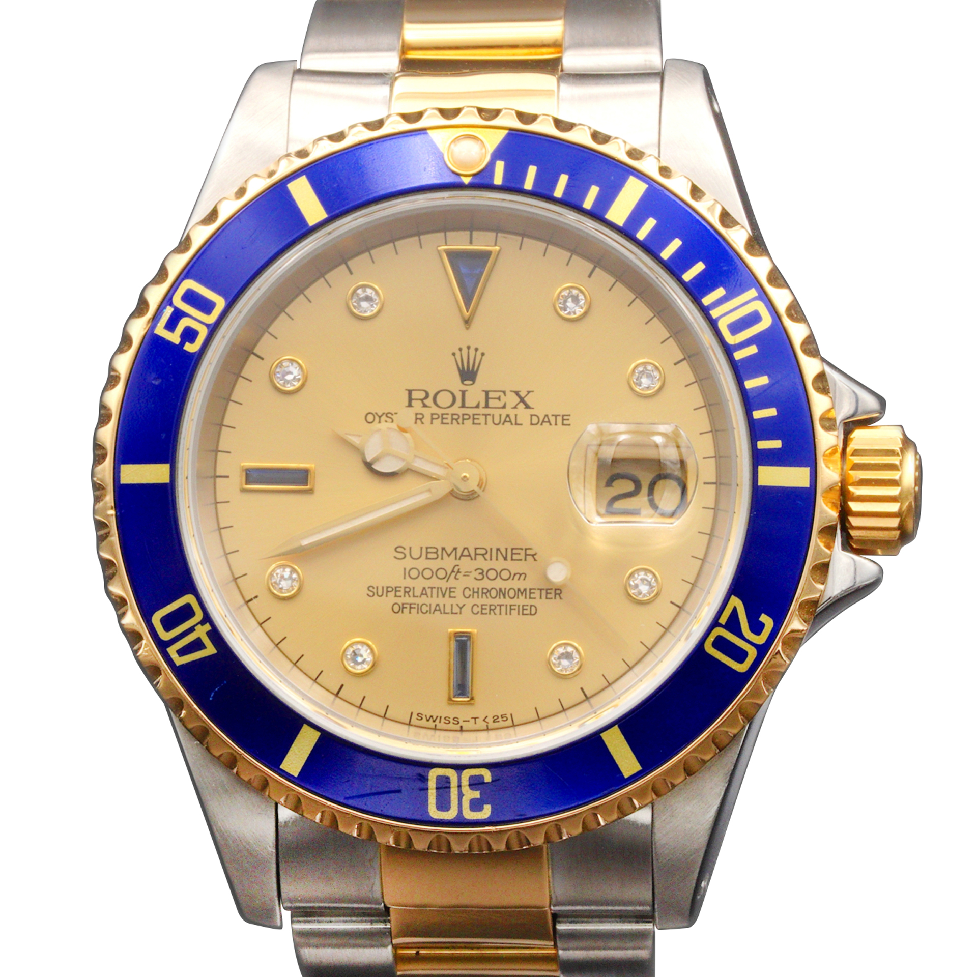 Two-Tone Rolex Submariner 16613 Watch w/ Gold Diamond Blue