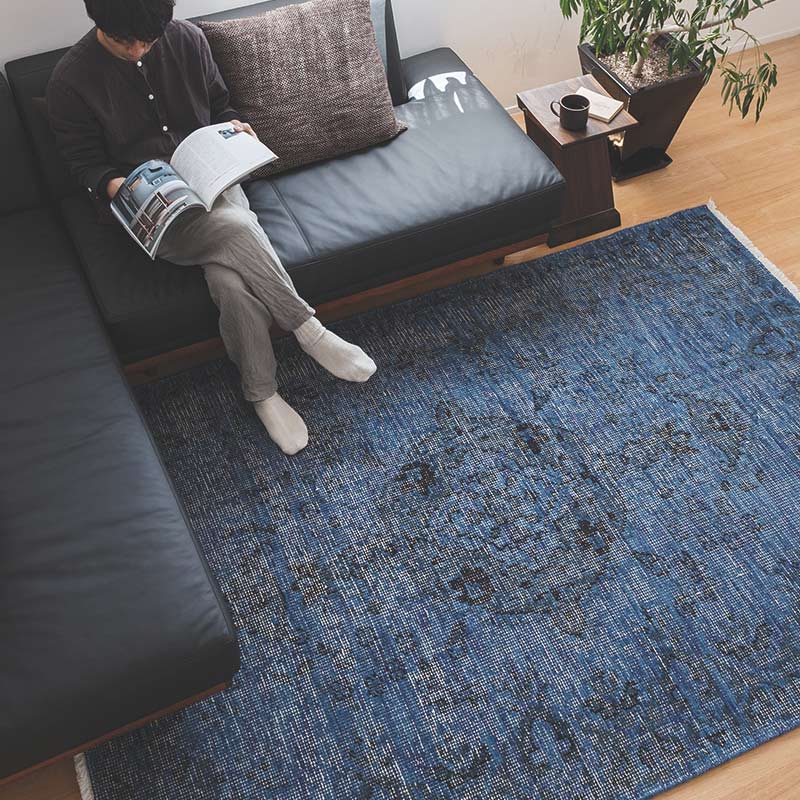 ヴィンテージ風ラグ ウール100％の青いラグ [DP03ブルー] | ボー