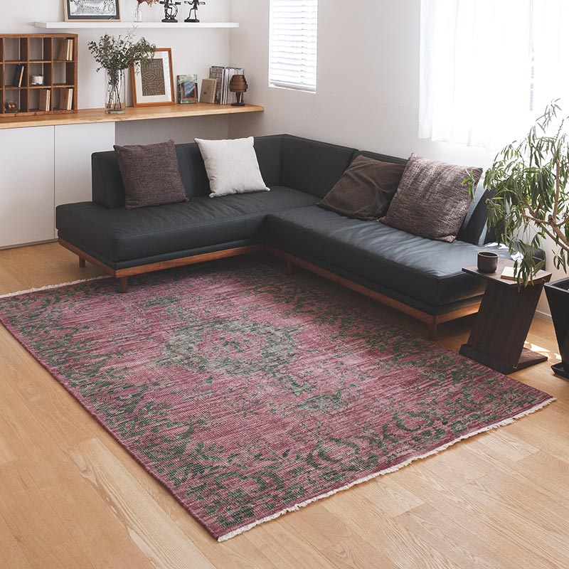 ヴィンテージ風ラグ ウール100％のパープルラグ[DP04オールドローズ