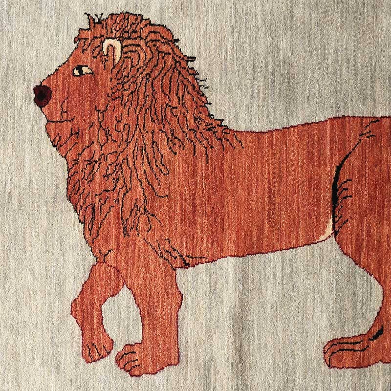 古典柄を再現したライオンラグ [オレンジ ライオン×ブルーグレー