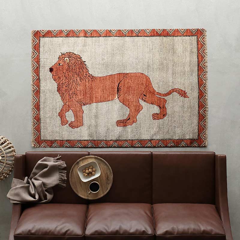 古典柄を再現したライオンラグ [オレンジ ライオン×ブルーグレー